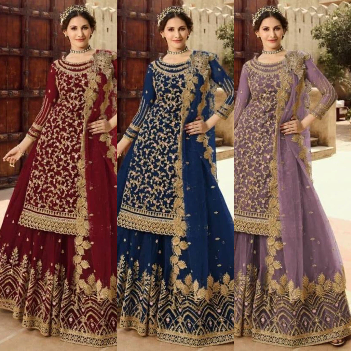 Punjabi Salwar Suit Indian Net Embroidery Wedding Party fashion