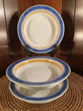 3-DANSK Bistro Kobenhavn Rimmed Soup Bowls Blue Yellow Bands Portugal Lot 3*GUC