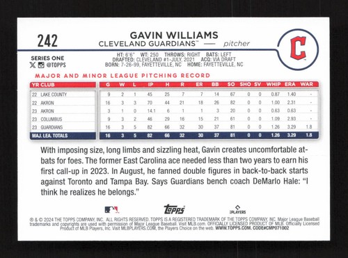 Gavin Williams 2024 Topps #242 Cleveland Guardians - Foto 2 di 2