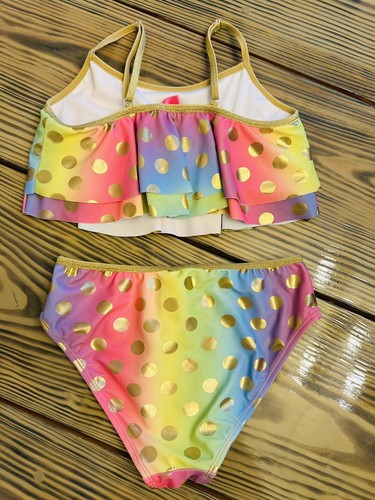 Betsey Johnson Girls Rainbow polka dot Bikini XL-14 Gold Trim - Picture 9 of 11