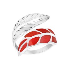 Loving Nature Red Synthetic Coral Leaf Wrap Sterling Silver Ring