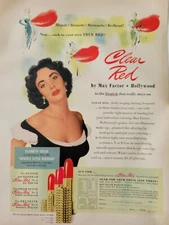 1957 Max Factor Hollywood clear red make-up Elizabeth Taylor vintage ad