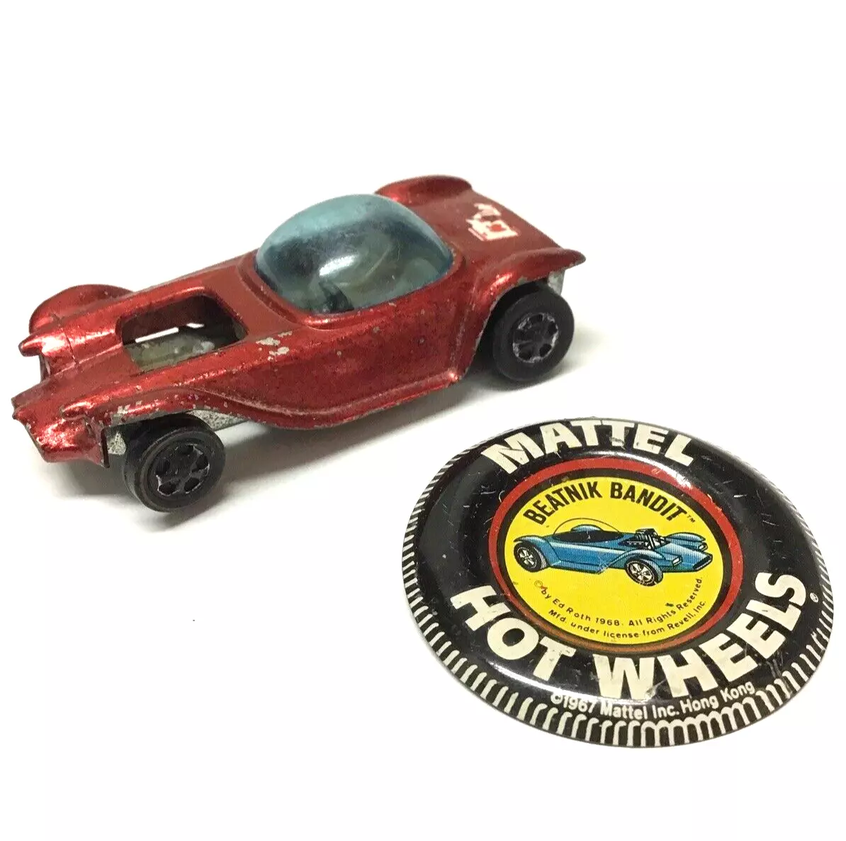 Redline Hot Wheels Beatnik Bandit Car 1967 Red Made in Hong Kong With Button