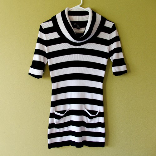 INC Petite Cowl Neck Sweater Black & White Striped Knit with Pockets (Size P/M) - Foto 1 di 3