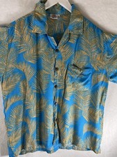 Makai Beach Hawaiian Aloha Shirt Xl Rayon Blue Gold Leaf Casual w/Free shipping