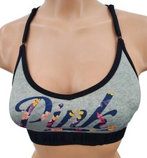 Victoria  s Secret Pink Strappy Sports Bra Lightly Padded Gray Floral Logo Small