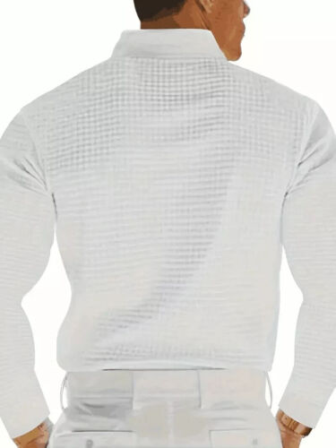 Solid Color Waffle Texture Golf Polo Shirt Casual Stylish Long Sleeve Men White - Picture 2 of 4