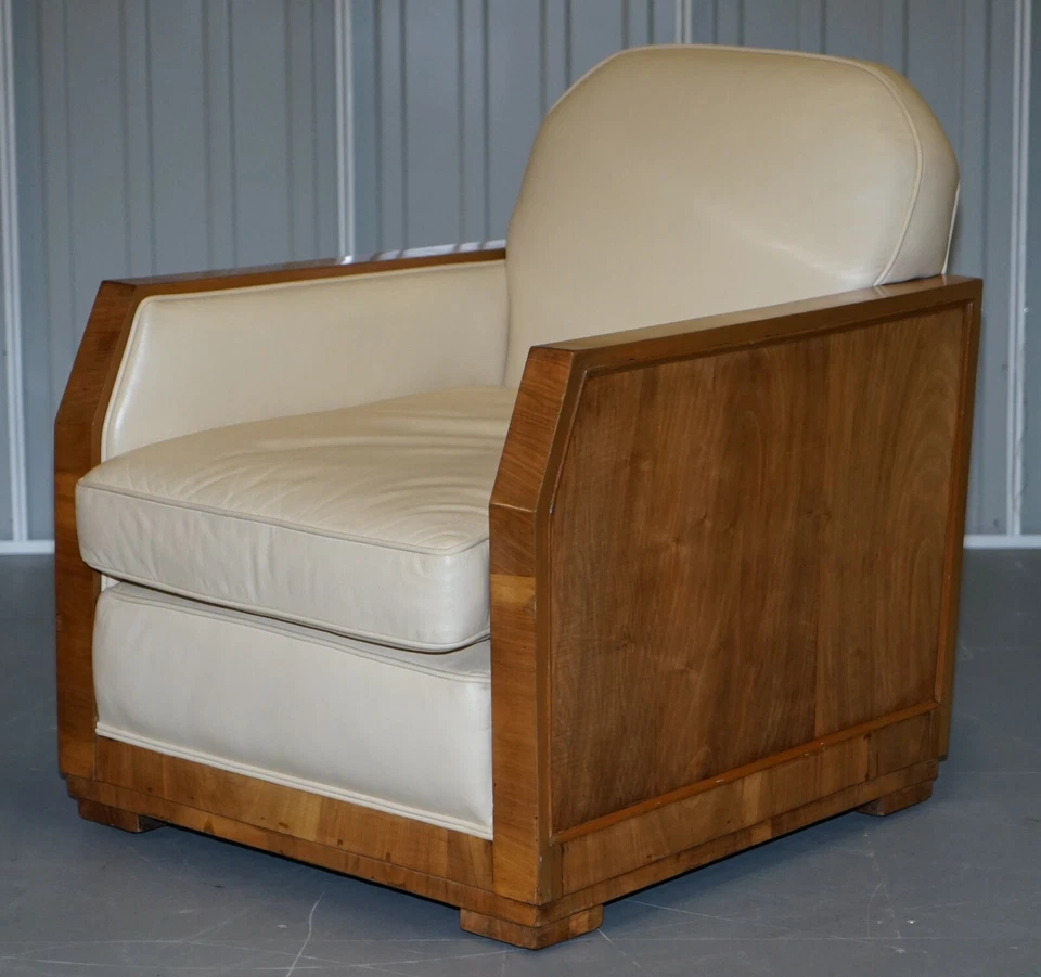 ART DECO HARRY & LOU EPSTEIN WALNUT & CREAM LEATHER SUITE SOFA & ARMCHAIRS PAIR - Image 3 of 4