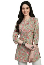Indian Women Geometric Print Relaxed Fit Tunic Top Kurta Kurti Dress S To 3XL