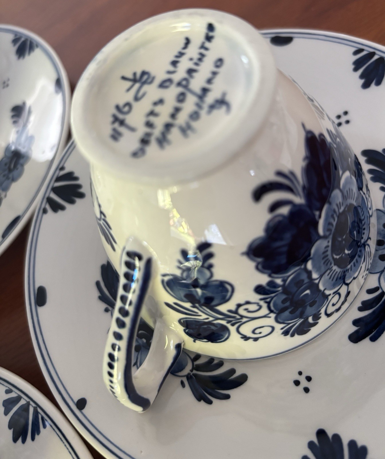 Set Of 5 Vintage Delft Blue Delfts Blade Hand Painted Cups & Saucers, Holland