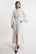 Karen Millen Ivory Compact Stretch Viscose Long Sleeve Woven Maxi Shirt Dress 10