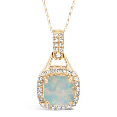 10K Gelbgold weißer Opal 0,20 cttw Diamant Kissen Geburtsstein Anhänger