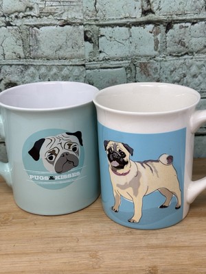 Lot Of 2 Pug Dog Mugs Blue,  Teal Coffee Cups Pugs & Kisses 16oz Go Dog