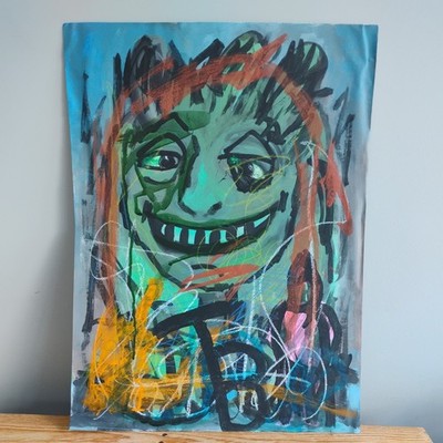 Großes kühnes helles Gouache Gemälde Portrait Gesicht Figur lächelndes Monster FK Owen