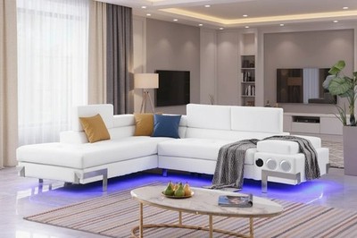 NEW 108'' LED Modern White Contemporary Leather Sectional w/ Bluetooth Speaker
