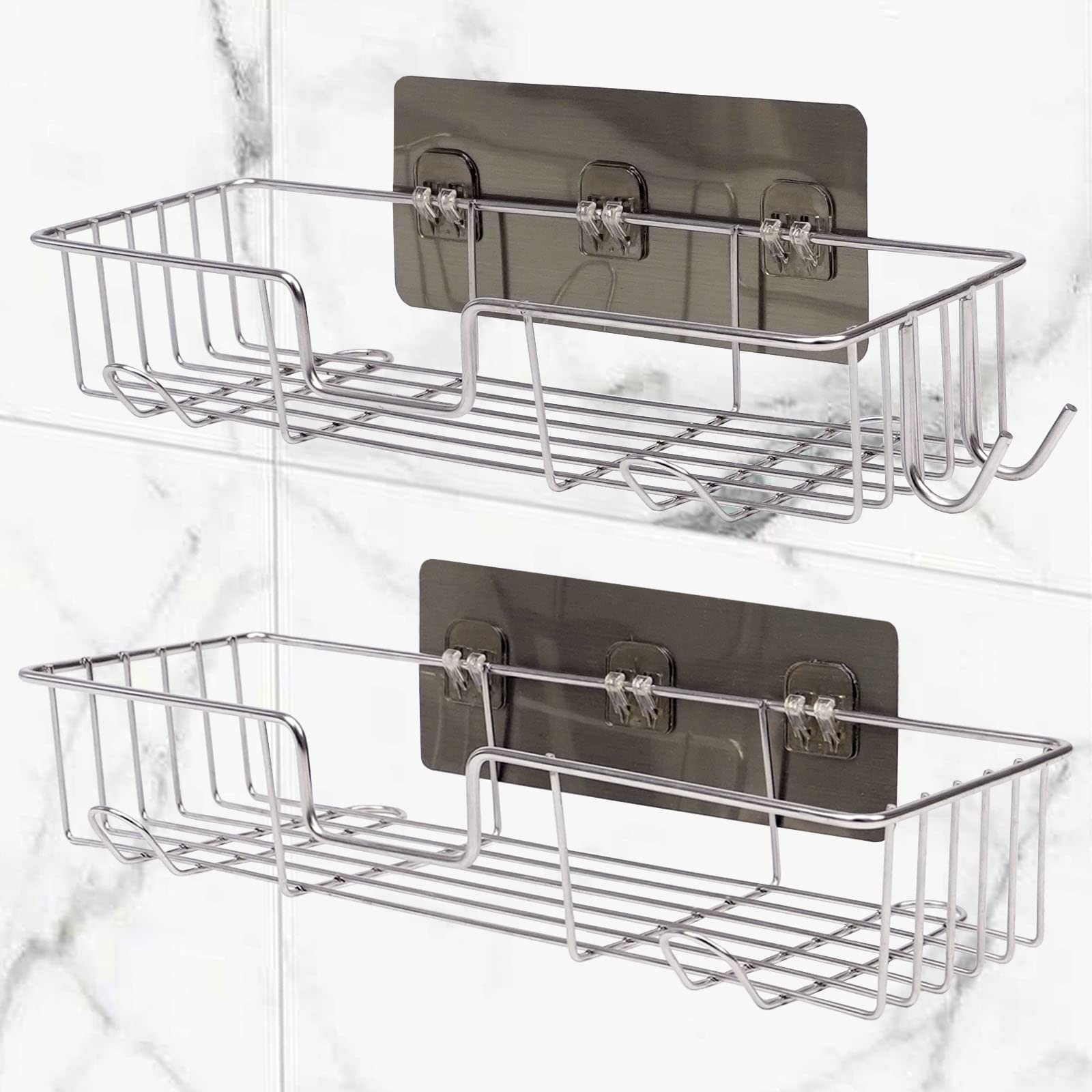Shower Caddy Adhesive Organizer with 6 Hooks Shelf for Inside No Drilling