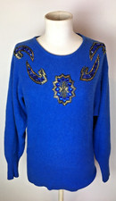 VINTAGE 1980'S OUTLANDER BLUE ANGORA WOOL SWEATER W/ BEADED DESIGN MEDIUM