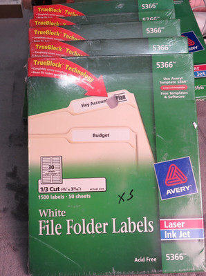 5X Avery 5366 White File Folder Labels 1/3 cut 50 Sheets 7500 Labels