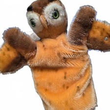 Vintage Steiff Mohair Owl Hand Puppet Plush Toy Brown Yellow Green Eyes Wittie