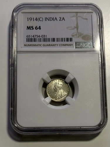 British India 1914 C Silver 2 Anna NGC MS-64