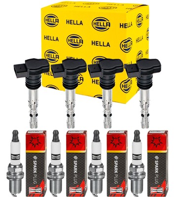 4x HELLA Zündspule + CHAMPION Zündkerze für Nissan Almera Tino V10 1.8