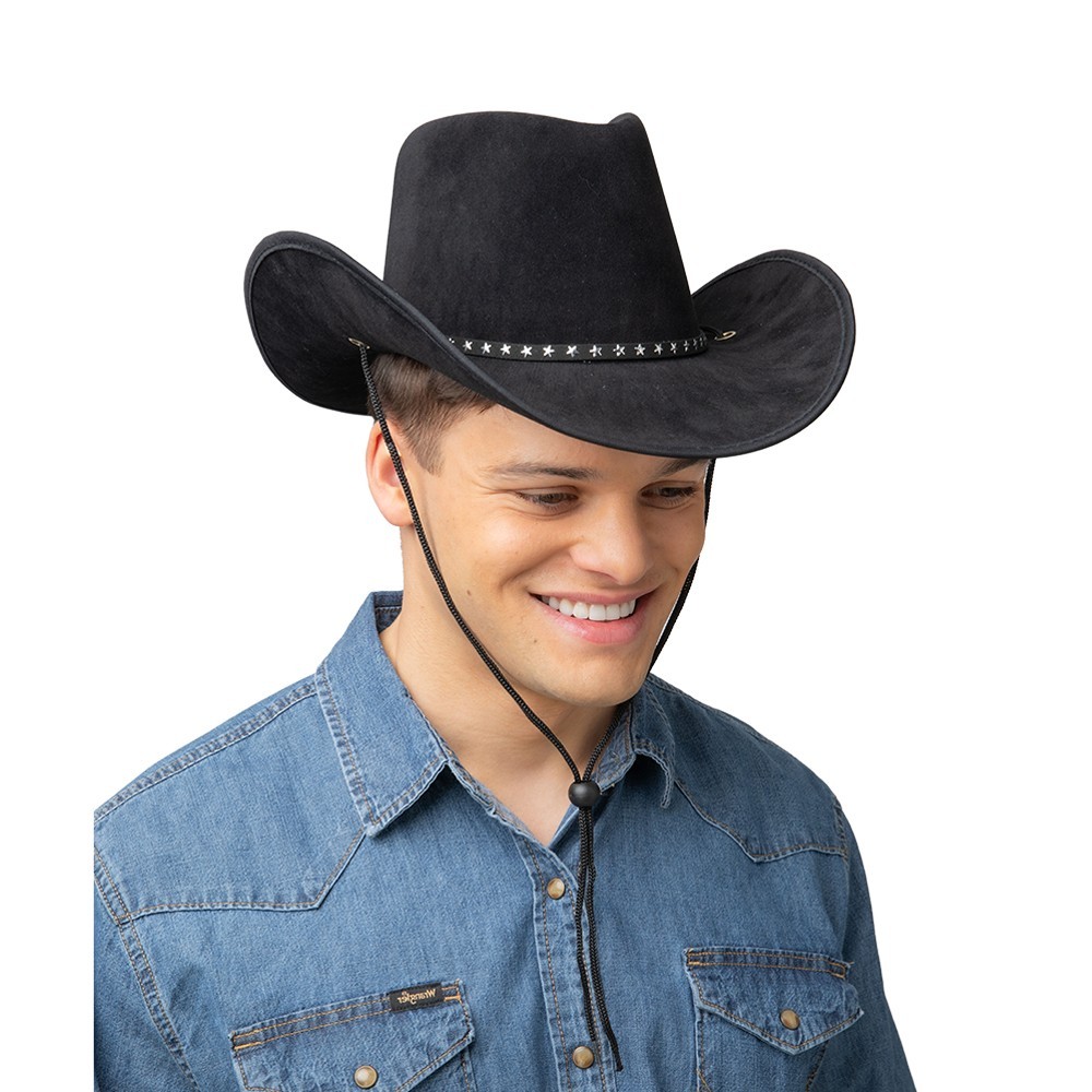 Black Suede Texan Cowboy Hat Stars Western Wild West Fancy Dress Adults