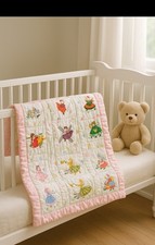 Vintage Handmade Baby Quilt Dutch Girl Pink Satin Trim Embroidered Appliqu