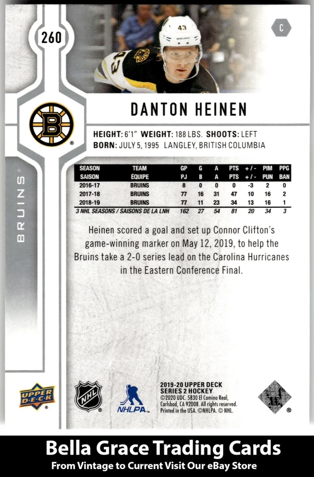 2019-20 Upper Deck Danton Heinen #260 Boston Bruins NHL Hockey  - Image 2 of 2