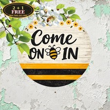 Bee and Sunflower Welcome Sign Yellow Stripe Metal Tin Decor 8x8