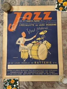 Vintage French Jazz Poster Marcel Faivre Paris Drum Set J Rassiat Art Deco