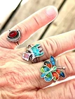 3 Vintage ETHNIC turquoise coral chip sterling silver inlay ring Mexico & Native