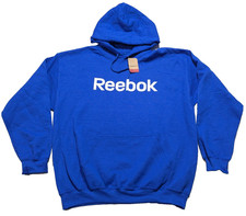 REEBOK Spellout Logo - Men Large Blue Fleece Pullover Hoodie NEW
