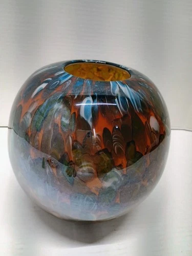 Vtg Murano hand blown marbled vase with raw pontil mark swirl orange blue