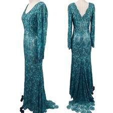 Vintage Floral Beaded Gown Long Sleeve V Neck All Over Rose Beading Turquoise 4