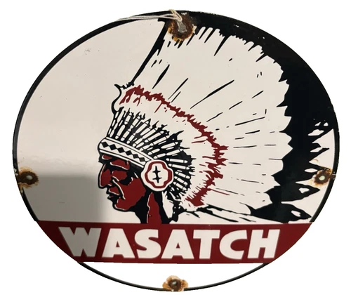 VINTAGE 1940s WASATCH OIL/GAS COMPANY 12" PORCELAIN SIGN WITH AMERICAN CHIEF