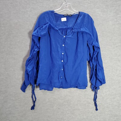 Zara Basic Women Top Medium Blue Blouse Sheer Ruffle & Bow Long Sleeve