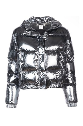 Alice + Olivia Durham Metallic Silver Goose Down Hooded Puffer Jacket Coat Large - Picture 2 of 6