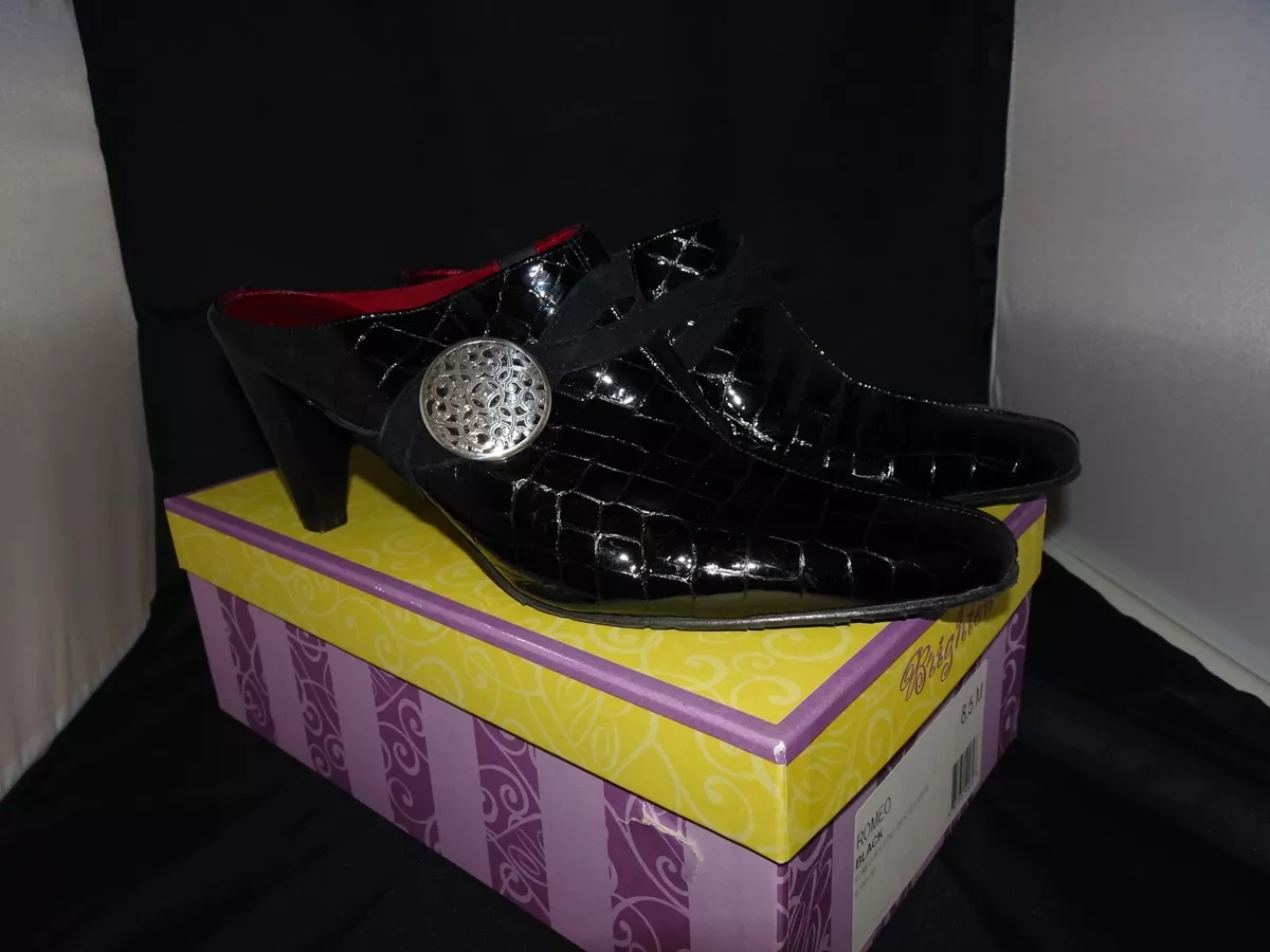 Brighton Romeo Black Croc Patent Leather Mule Shoes Size 8.5 M w Original Box