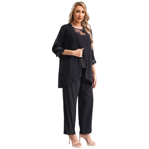 Womens 3 Piece Chiffon Pant Suits Tank Top Cardigan and Pants Evening Outfits - Picture 54 of 95