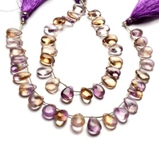 Natural Bicolor Ametrine Gemstone 12x9mm Size Smooth Pear Shape Bead 8.5" Strand