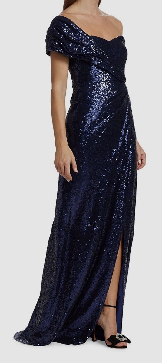 badgley mischka blue sequin dress Badgley Mischka Long Sleeve Sequin Belted Midi Dress Dress