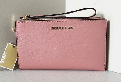 New Michael Kors Jet Set Travel Double zip wristlet Saffiano Leather Primrose