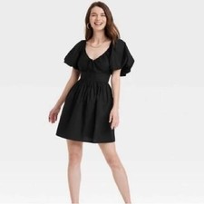 A New Day Black Puff Sleeve Tied Front Dress Size Medium