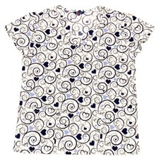 Womens Fashion Medical Nursing Scrub Tops Heart Floral Swirls Navy Bungee L