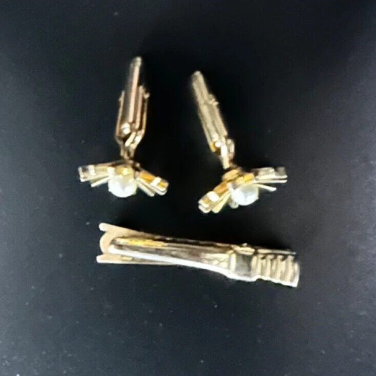 Juego de barra de corbata gemelos vintage Anson dorado perla sintética chispa Sunburst Foto 3 de 4