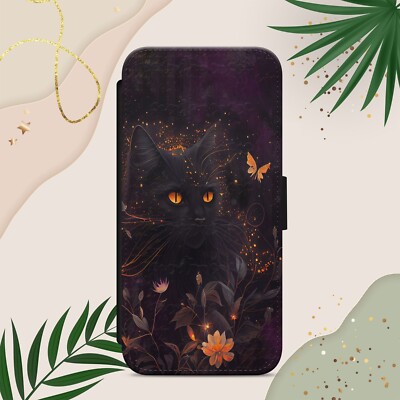 SCHWARZE KATZE HEXE NACHT GESCHENK HANDYHÜLLE FÜR IPHONE SAMSUNG PIXEL FLIP WALLET