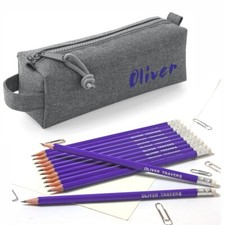 Personalised Marl Grey Pencil Case with12 printed Pencils with Erasers - Purple