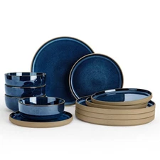 Nature Plates and Bowls Sets, 12 Pieces Stoneware Dinnerware Sets, Dishes Set...