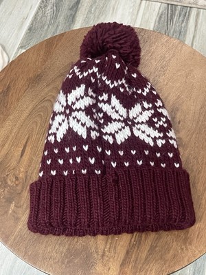 Beechfield Ski Hat Winter Pom Cap Maroon White Acrylic Preowned Good