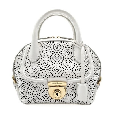 Salvatore Ferragamo Fiamma Perforated Leather Mini Doctor Bag White Auth